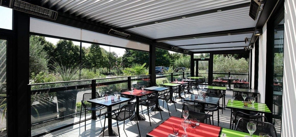 HEATSCOPE SPOT, Heizstrahler-Installation, Pergola auf einer Restaurant-Terrasse, Lyon