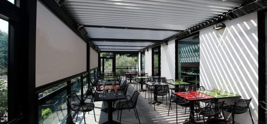 HEATSCOPE SPOT, Heizstrahler-Installation, Pergola auf einer Restaurant-Terrasse, Lyon