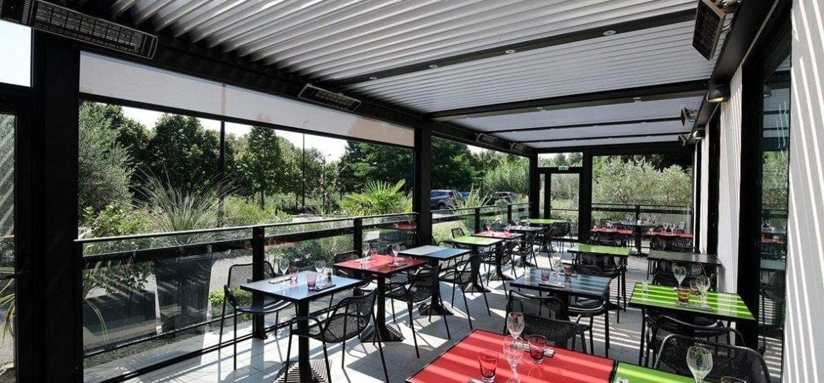 HEATSCOPE Spot Power-Heizstrahler, Restaurant-Pergola-Installation, Frankreich